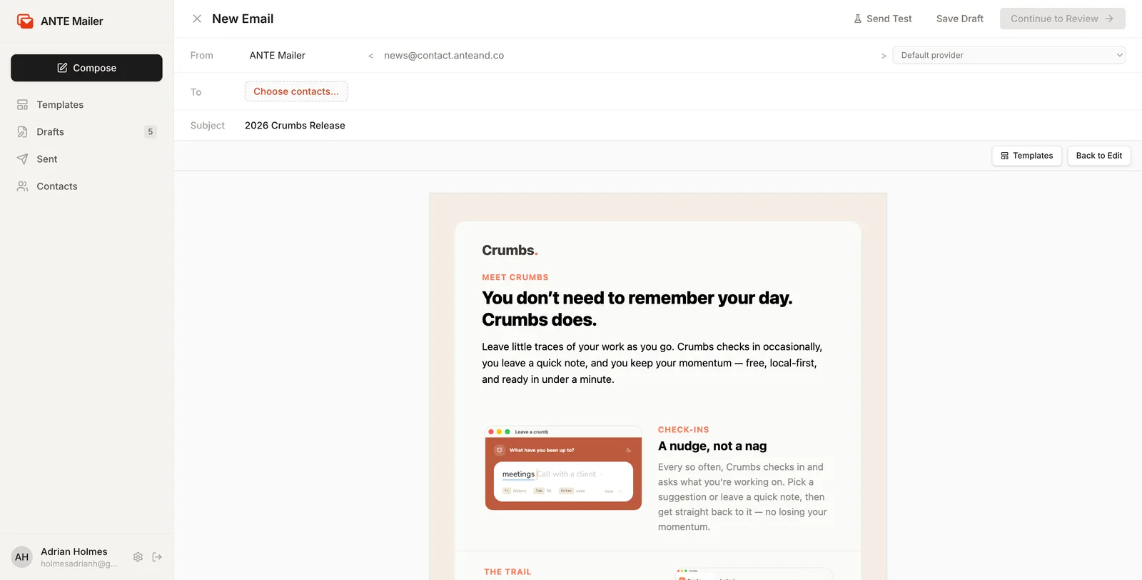 ANTE Mailer compose screen